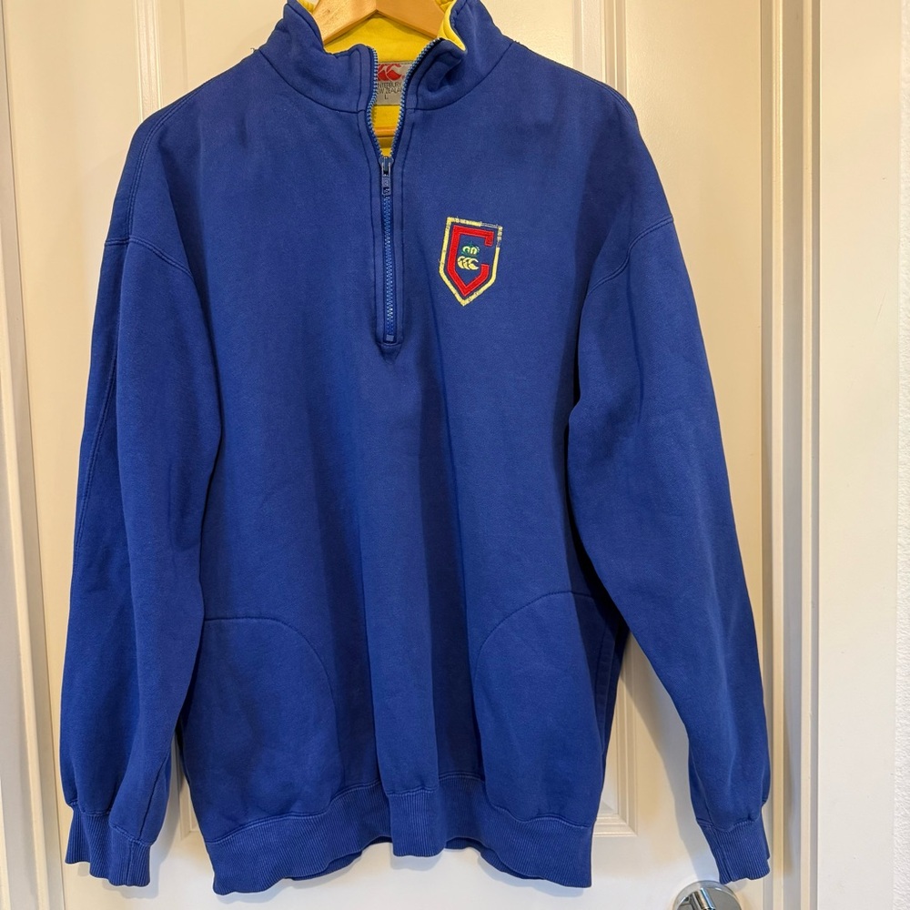 VTG Canterbury of New Zealand 1/4 Zip sweatshirt rugby blue yellow red crest